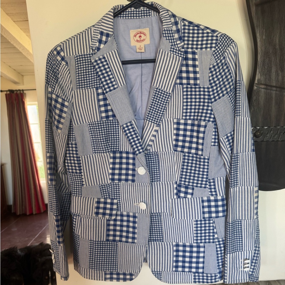 Brooks Brothers Blue and White Patchwork Blazer with Classic Silhouette